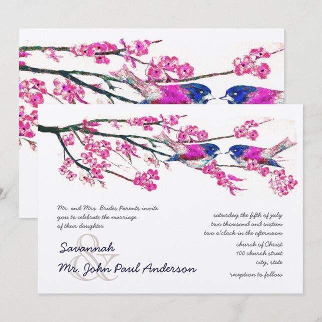 Invitation Mariage Fleur d'Achillée Rose Bleu Marine Oiseau d (Devant / Derrière)