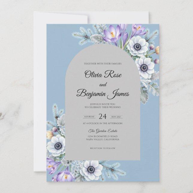 Invitation Mariage Fleur d'Anémone Argentée et Pervenche (Devant)