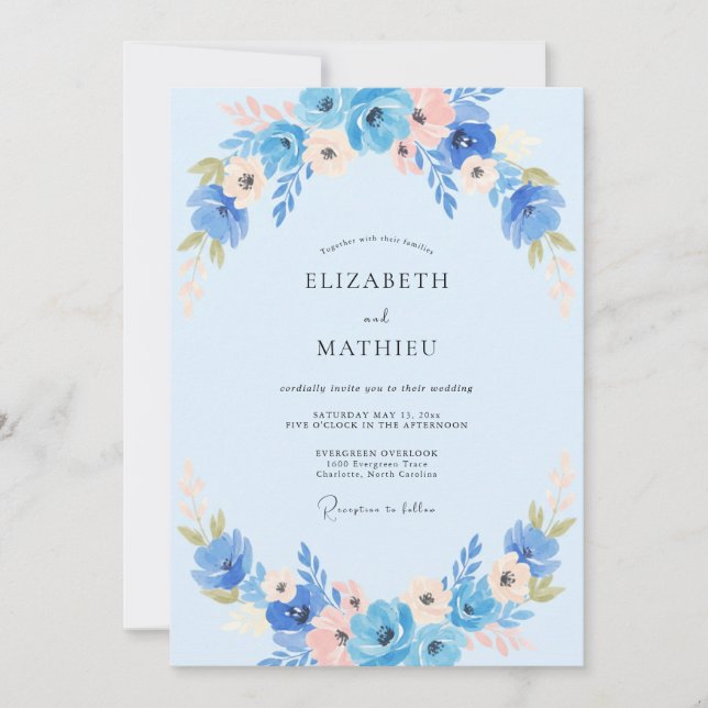 Invitation Mariage Fleur d'Anémone Azur et Pêche (Devant)
