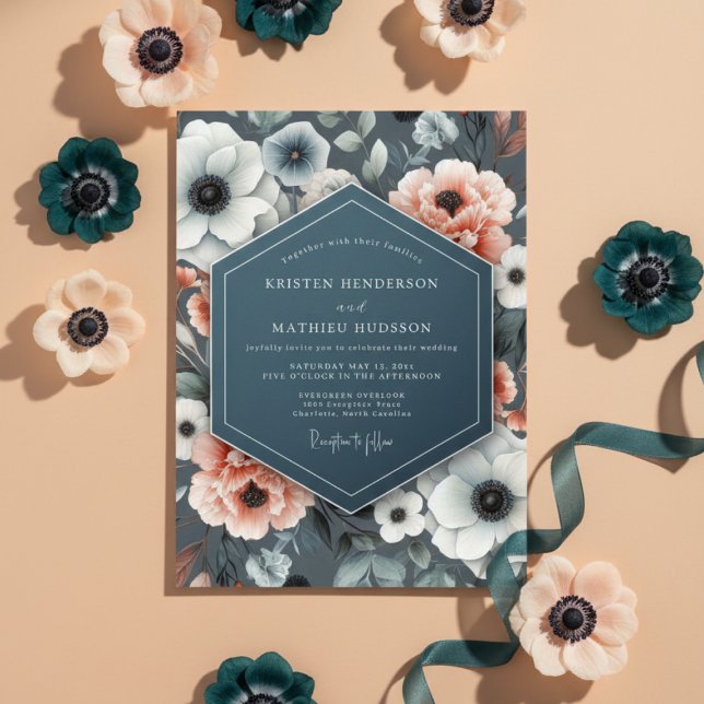 Invitation Mariage Fleur d'Anémone Bleu Ardoise (Créateur téléchargé)