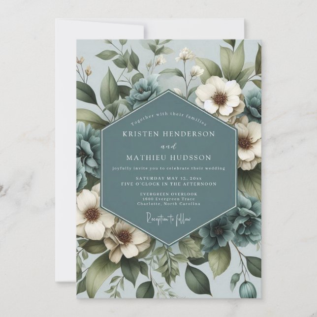 Invitation Mariage Fleur d'Anémone Bleu Poussiéreux (Devant)