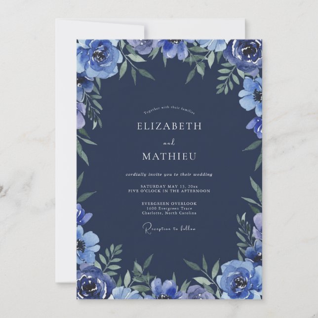 Invitation Mariage Fleur d'anémone cobalt (Devant)
