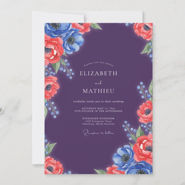 Invitation Mariage Fleur d'Anémone Rouge Plum (Devant)