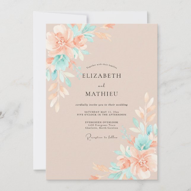Invitation Mariage Fleur d'Aquapéonie Chaud Pêche (Devant)