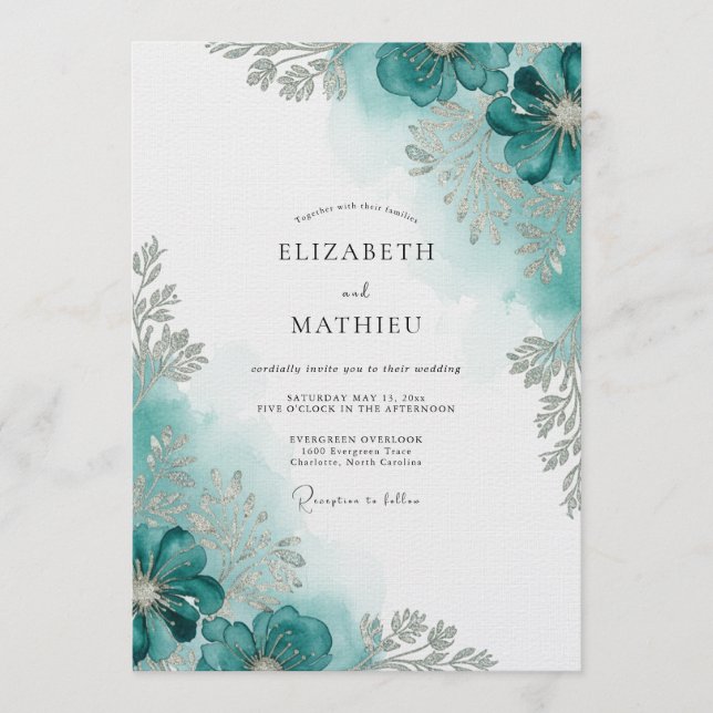 Invitation Mariage Fleur d'Aquarelle Sarcelle (Devant)