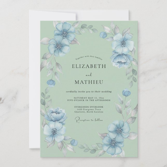 Invitation Mariage Fleur d'Azur Menthe (Devant)