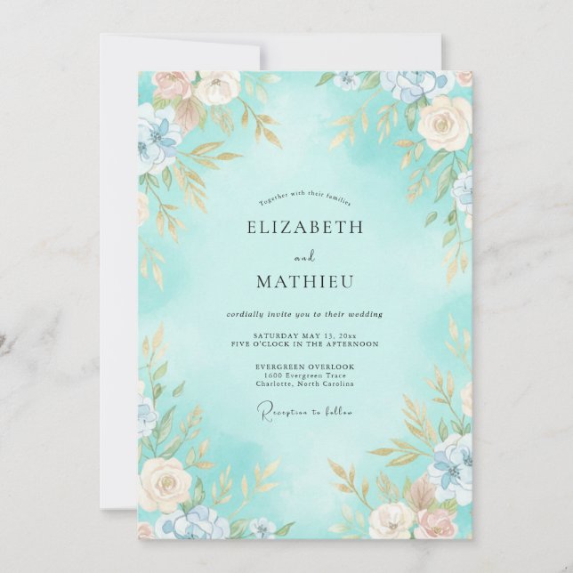 Invitation Mariage Fleur de Aqua Peinte (Devant)