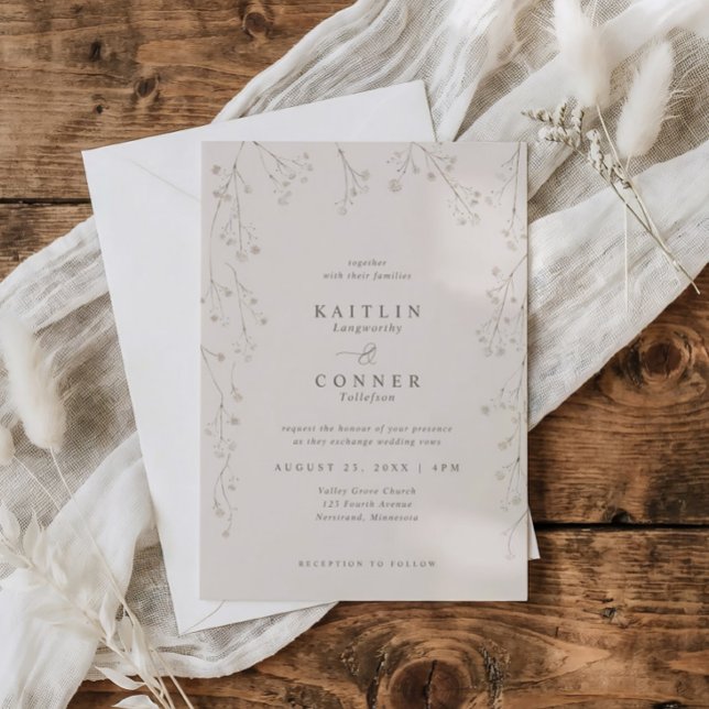 Invitation Mariage Fleur de Baby's Breath Beige Vintage (Beige watercolor baby’s breath wedding invite with vintage wildflowers and monogram wreath)