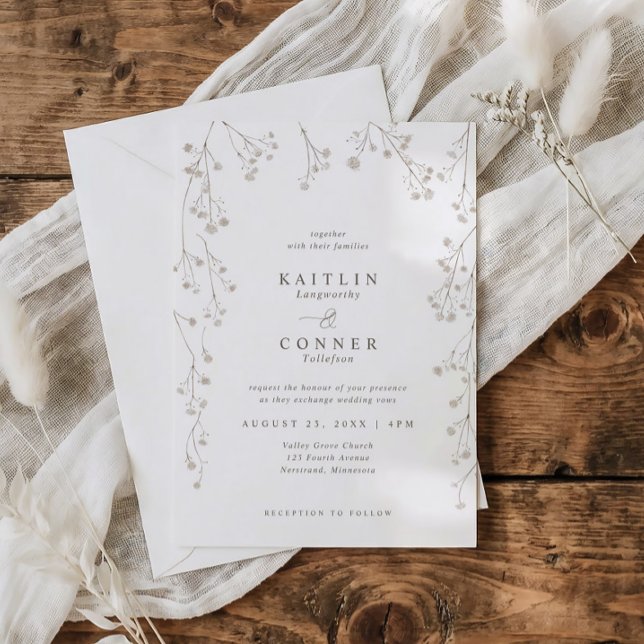 Invitation Mariage Fleur de Babys Breath Délicate et Sauvage (White wedding invite with beige watercolor baby’s breath and botanical monogram wreath)