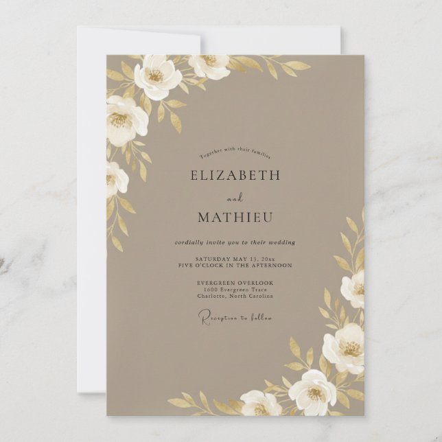 Invitation Mariage Fleur de Blanche Taupe (Devant)