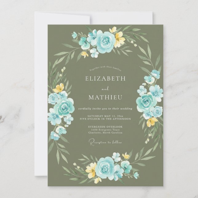 Invitation Mariage Fleur de Bleu Azure et Olive (Devant)