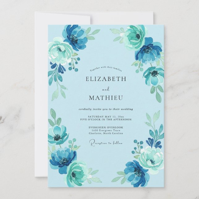 Invitation Mariage Fleur de Bleu Céleste (Devant)