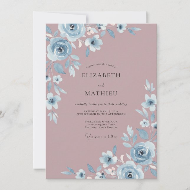 Invitation Mariage Fleur de Bleu Poussiéreux (Devant)