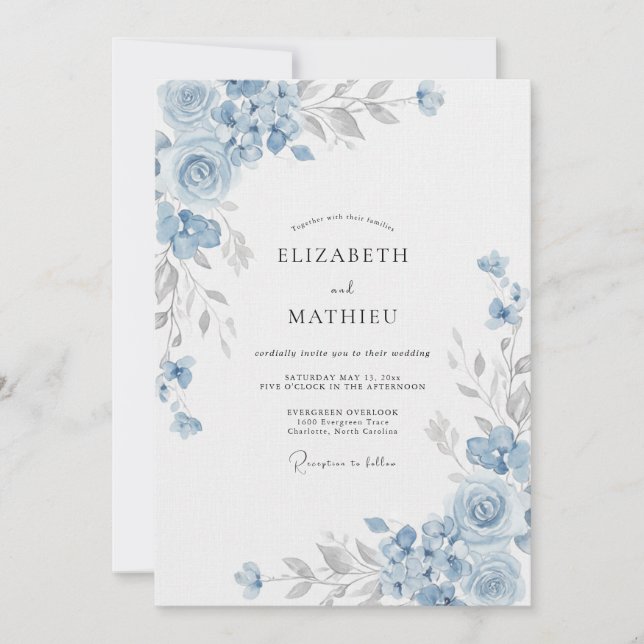 Invitation Mariage Fleur de Bleuet Ardoise (Devant)