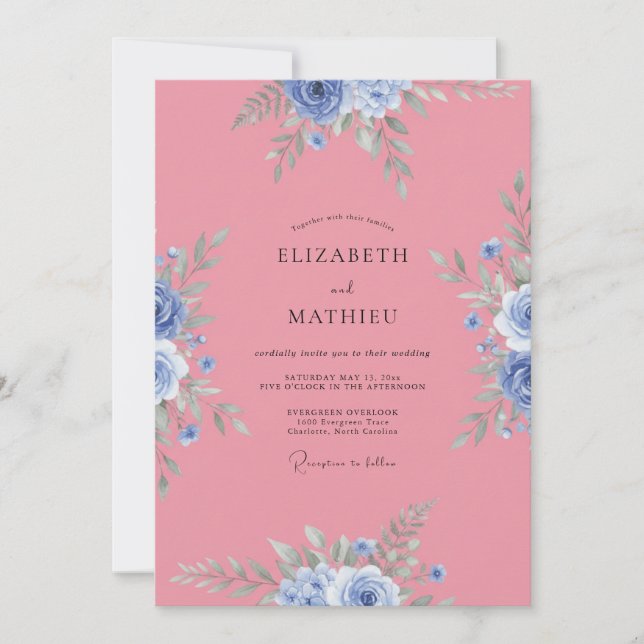 Invitation Mariage Fleur de Bleuet Rose (Devant)
