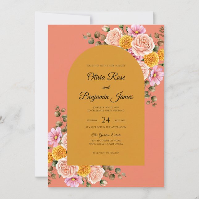 Invitation Mariage Fleur de Bloom Corail Or (Devant)