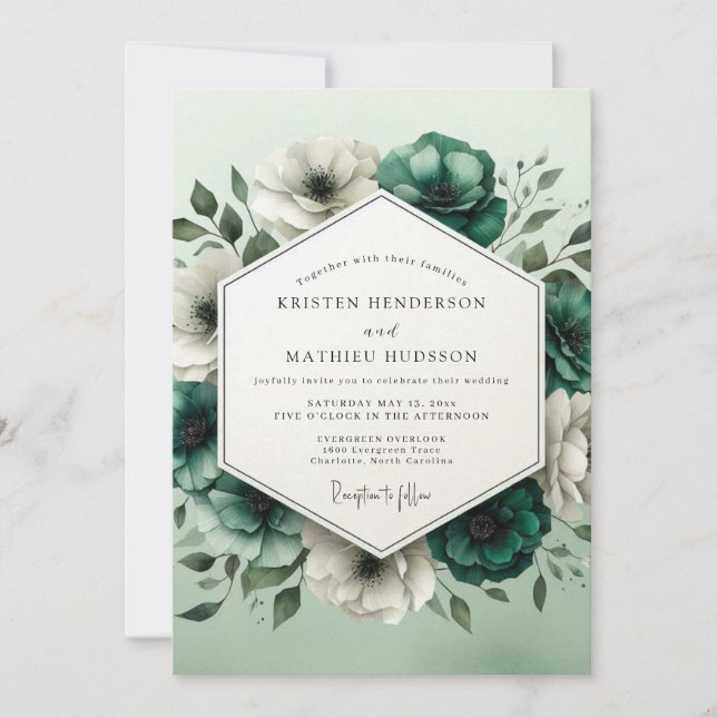 Invitation Mariage Fleur de Bloom Ivoire Sarcelle (Devant)