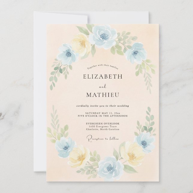 Invitation Mariage Fleur de Blossom Bleu Pâle (Devant)