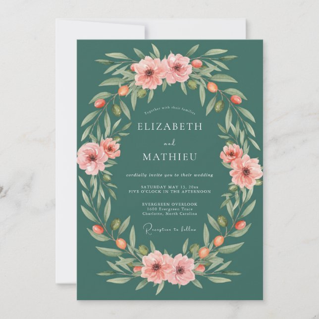 Invitation Mariage Fleur de Botanique Sarcelle (Devant)