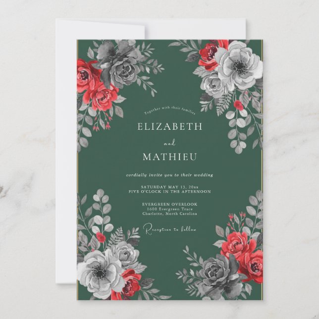 Invitation Mariage Fleur de Bourgeon Émeraude Cramoisi (Devant)