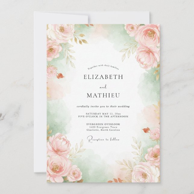 Invitation Mariage Fleur de Céladon Rose (Devant)