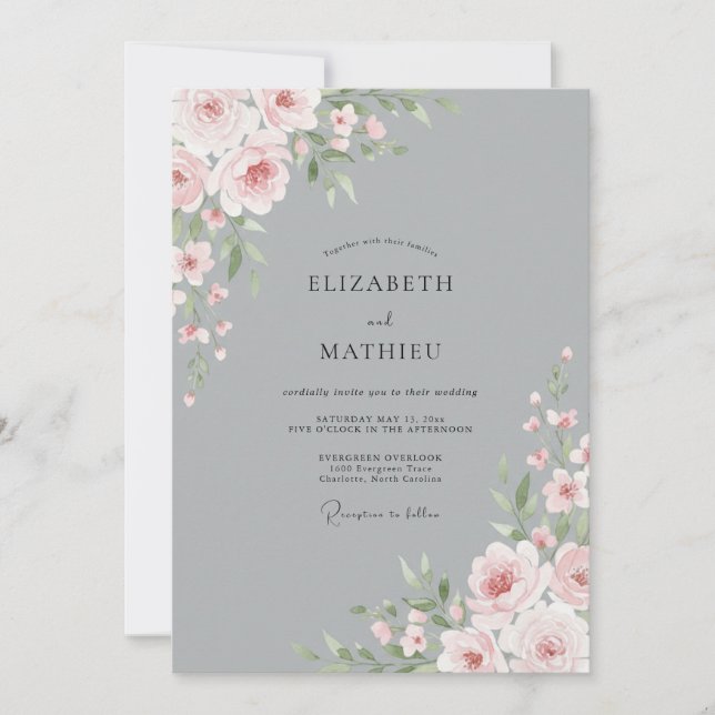 Invitation Mariage Fleur de Cerisier Argenté sur Fond Ardoise (Devant)