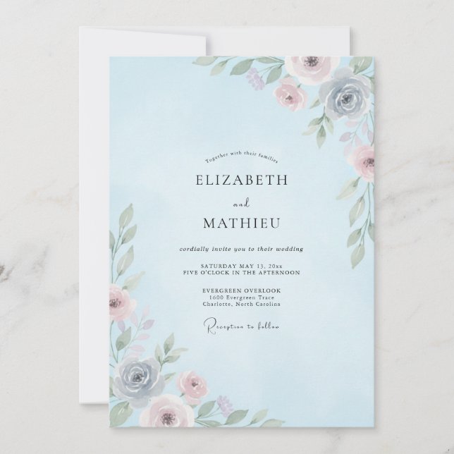 Invitation Mariage Fleur de Cerisier Bleu Poudre (Devant)