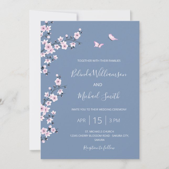 Invitation Mariage Fleur de Cerisier Bleu Poussiéreux (Devant)