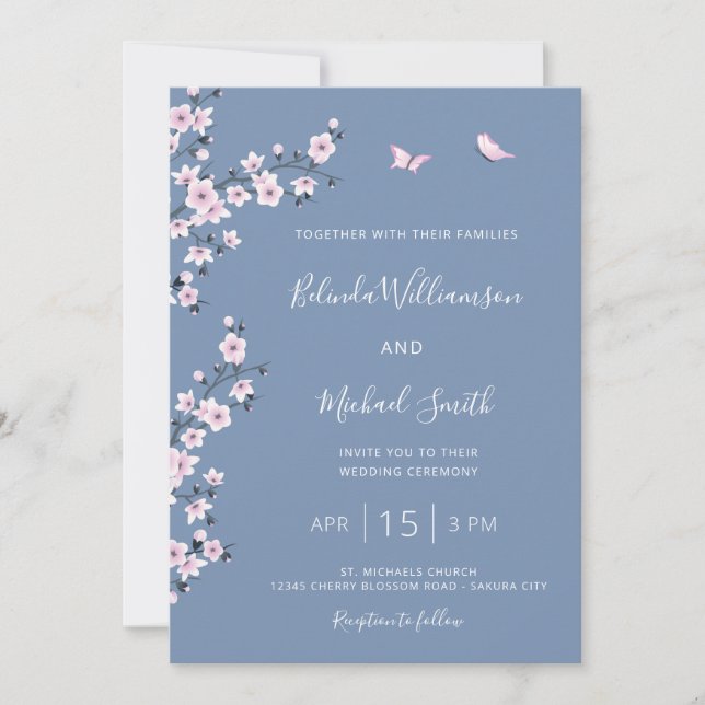 Invitation Mariage Fleur de Cerisier Bleue (Devant)