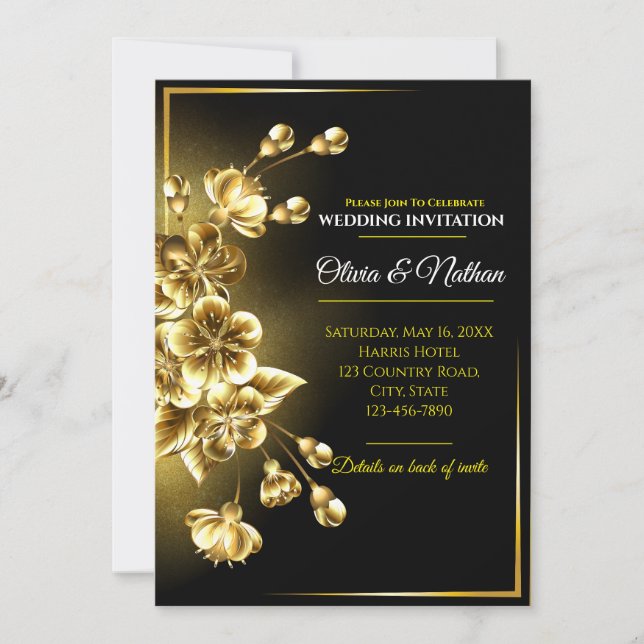 Invitation Mariage Fleur de Cerisier Métallic Or 3D de Luxe (Devant)