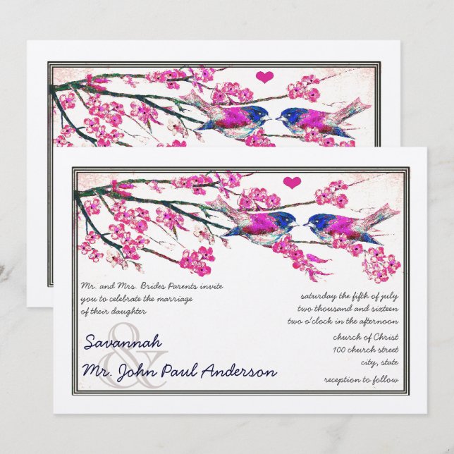Invitation Mariage Fleur de Cerisier Oiseaux de l'Amour Rose  (Devant / Derrière)