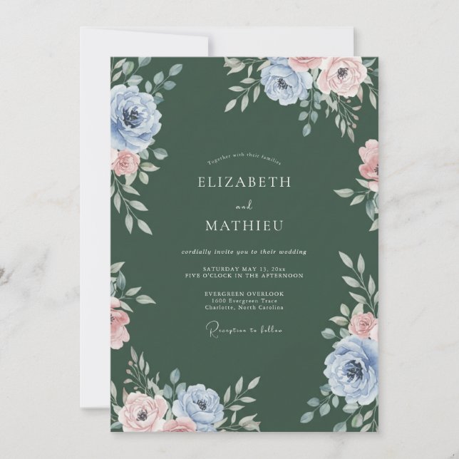 Invitation Mariage Fleur de Cerisier Peinte en Vert Chasseur (Devant)