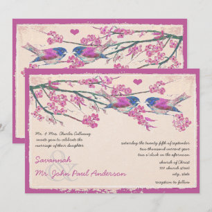 Invitation Mariage Fleur de Cerisier Rose et Navy Love Bird