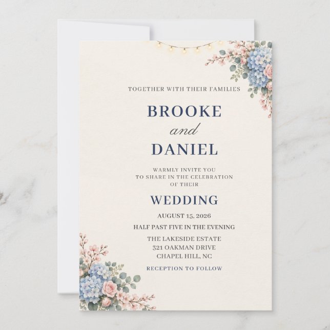 Invitation Mariage Fleur de Cerisier Rose Hydrangea Bleu Tend (Devant)