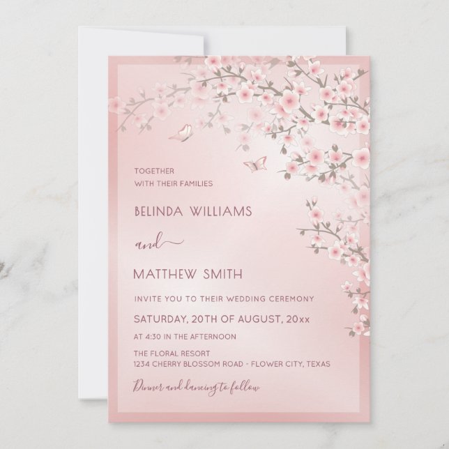 Invitation Mariage Fleur de Cerisier Rose Tendré (Devant)
