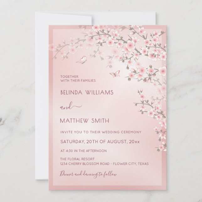 Invitation Mariage Fleur de Cerisier Rose Tendré (Devant)