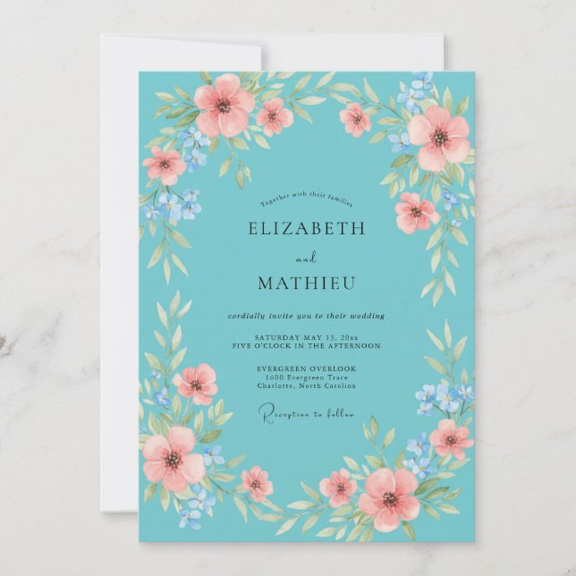Invitation Mariage Fleur de Champ Aqua Corail (Devant)
