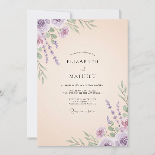 Invitation Mariage Fleur de Champ Crème Ivoire Améthyste (Devant)