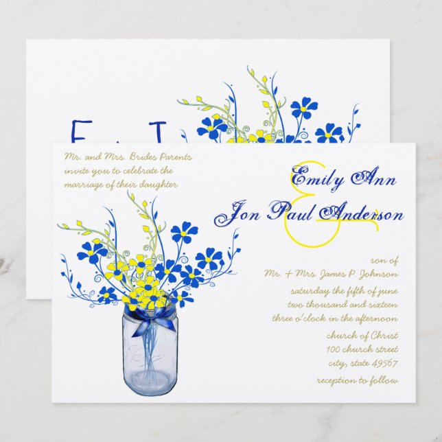 Invitation Mariage Fleur de Champ Jaune et Bleu Royal dans un (Devant / Derrière)