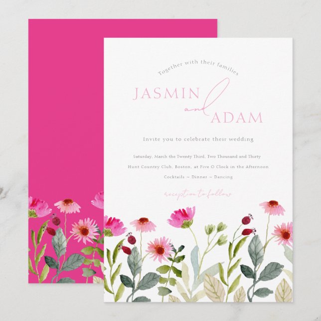 Invitation Mariage Fleur de Champ Rose Moderne (Devant / Derrière)