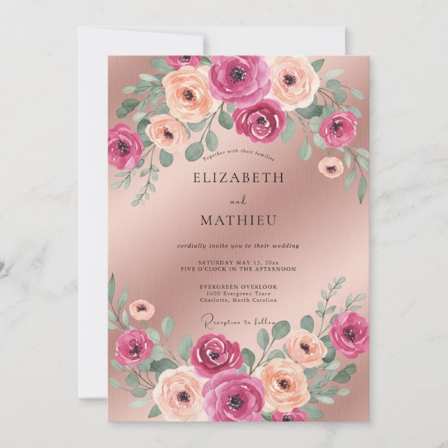 Invitation Mariage Fleur de Champagne Magenta (Devant)