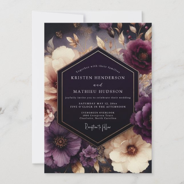 Invitation Mariage Fleur de Clair-Obscur Prune (Devant)