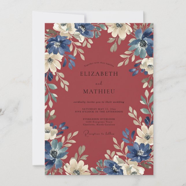 Invitation Mariage Fleur de Cobalt Rubis (Devant)