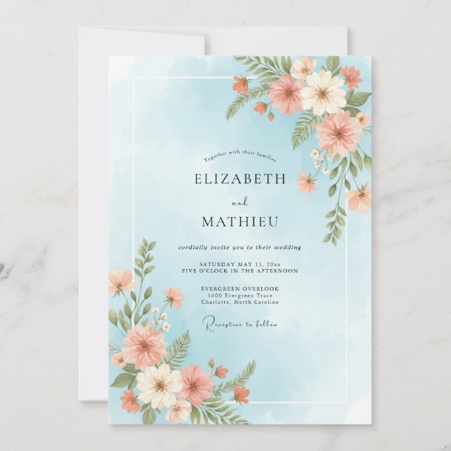 Invitation Mariage Fleur de Corail Azur Poudré (Devant)