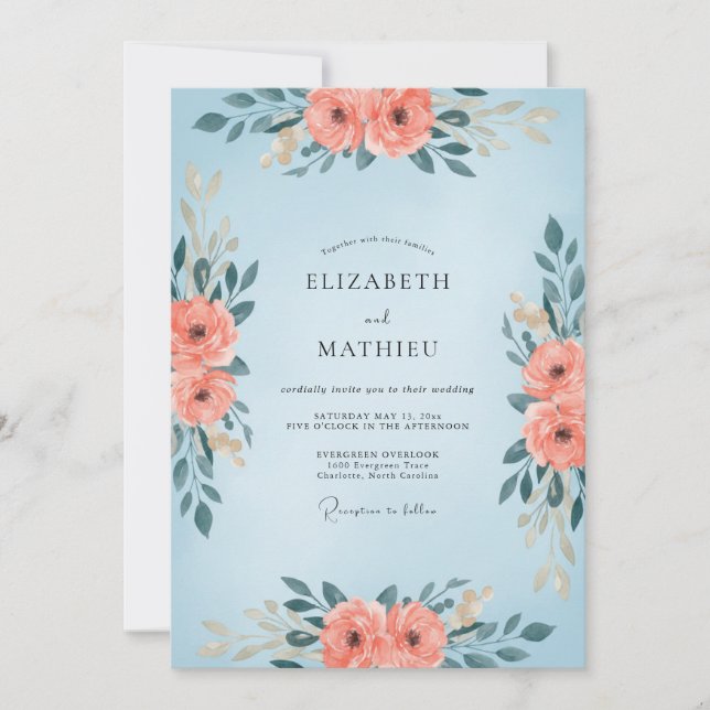 Invitation Mariage Fleur de Corail Bleu Poudré (Devant)