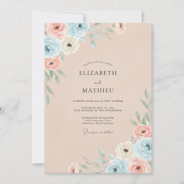 Invitation Mariage Fleur de Corail Champagne (Devant)