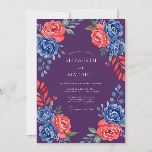 Invitation Mariage Fleur de Corail Cobalt Deep Purple (Devant)