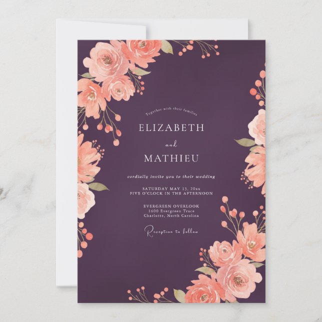 Invitation Mariage Fleur de Corail Eucalyptus Prune (Devant)