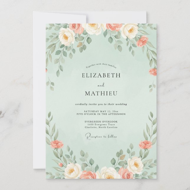 Invitation Mariage Fleur de Corail Menthe (Devant)