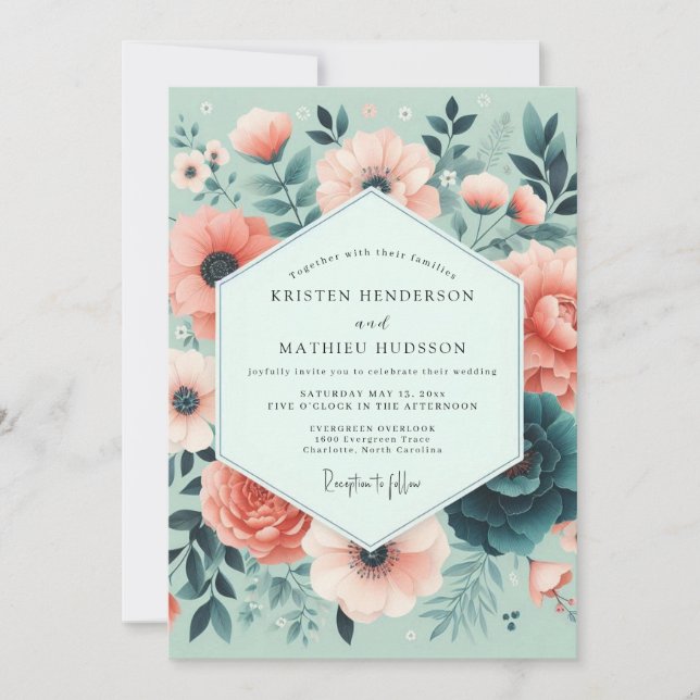 Invitation Mariage Fleur de Corail Menthe Romantique (Devant)